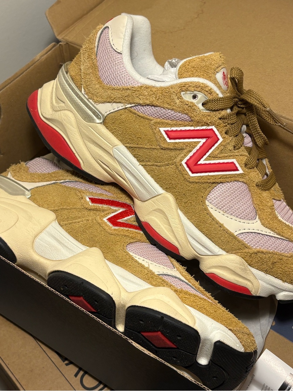 New Balance Women's Tan & Pink Suede Chunky Runner with Red Logo